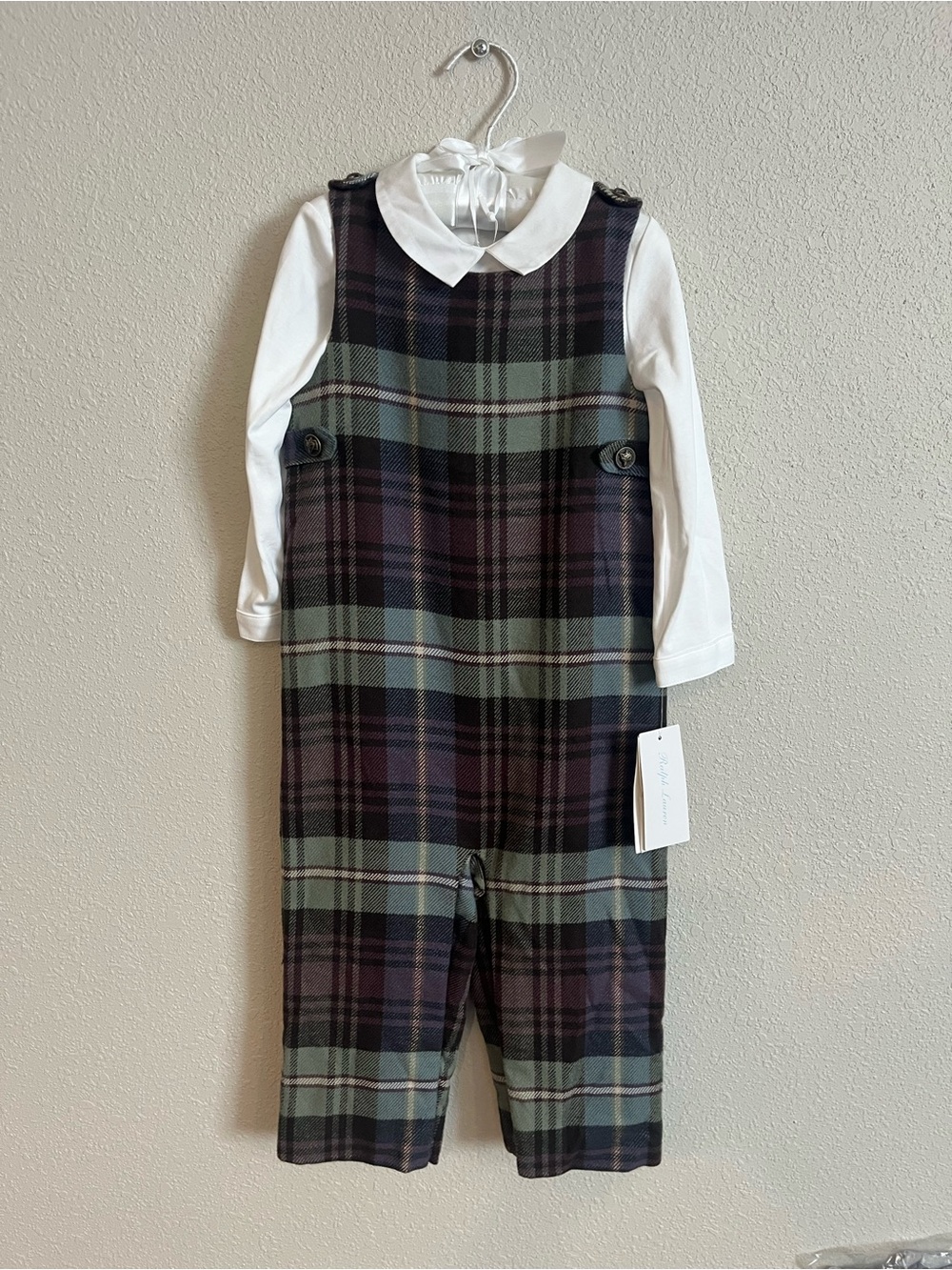 NWT Ralph Lauren Plaid Jumper Overalls with White Collar Top size 24 month